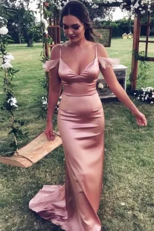 Rose Gold Satin Spaghetti Straps Bridesmaid Dress, Wedding Guest Dress, BD121
