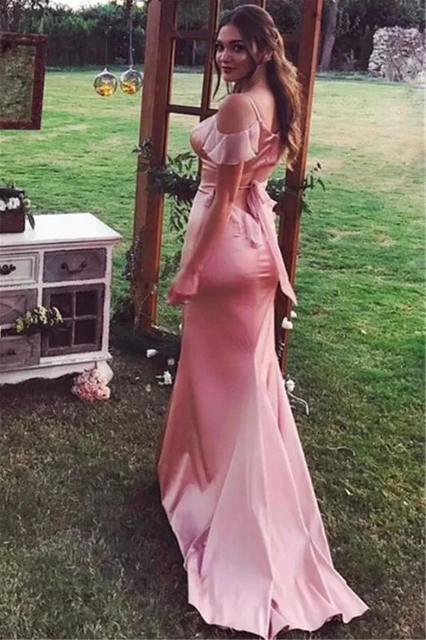 Rose Gold Satin Spaghetti Straps Bridesmaid Dress, Wedding Guest Dress, BD121