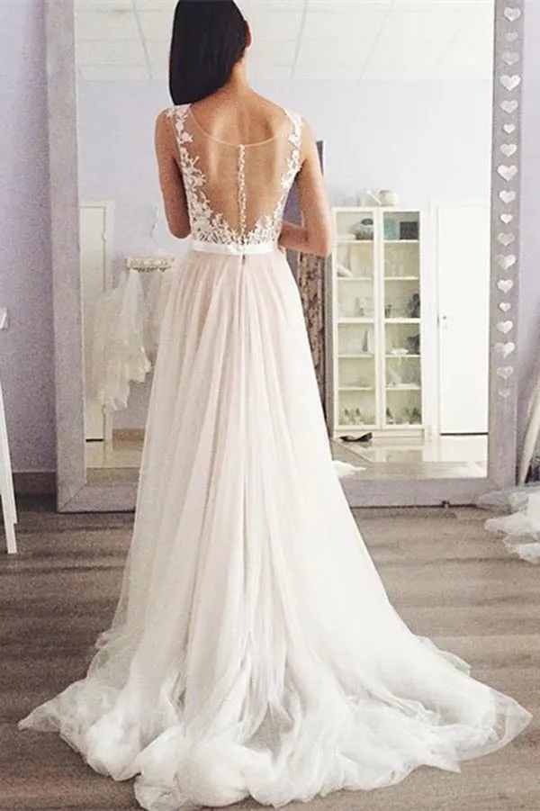 Tulle A-line Illusion Neck Lace Appliques Wedding Dresses, Bridal Gowns, SW576