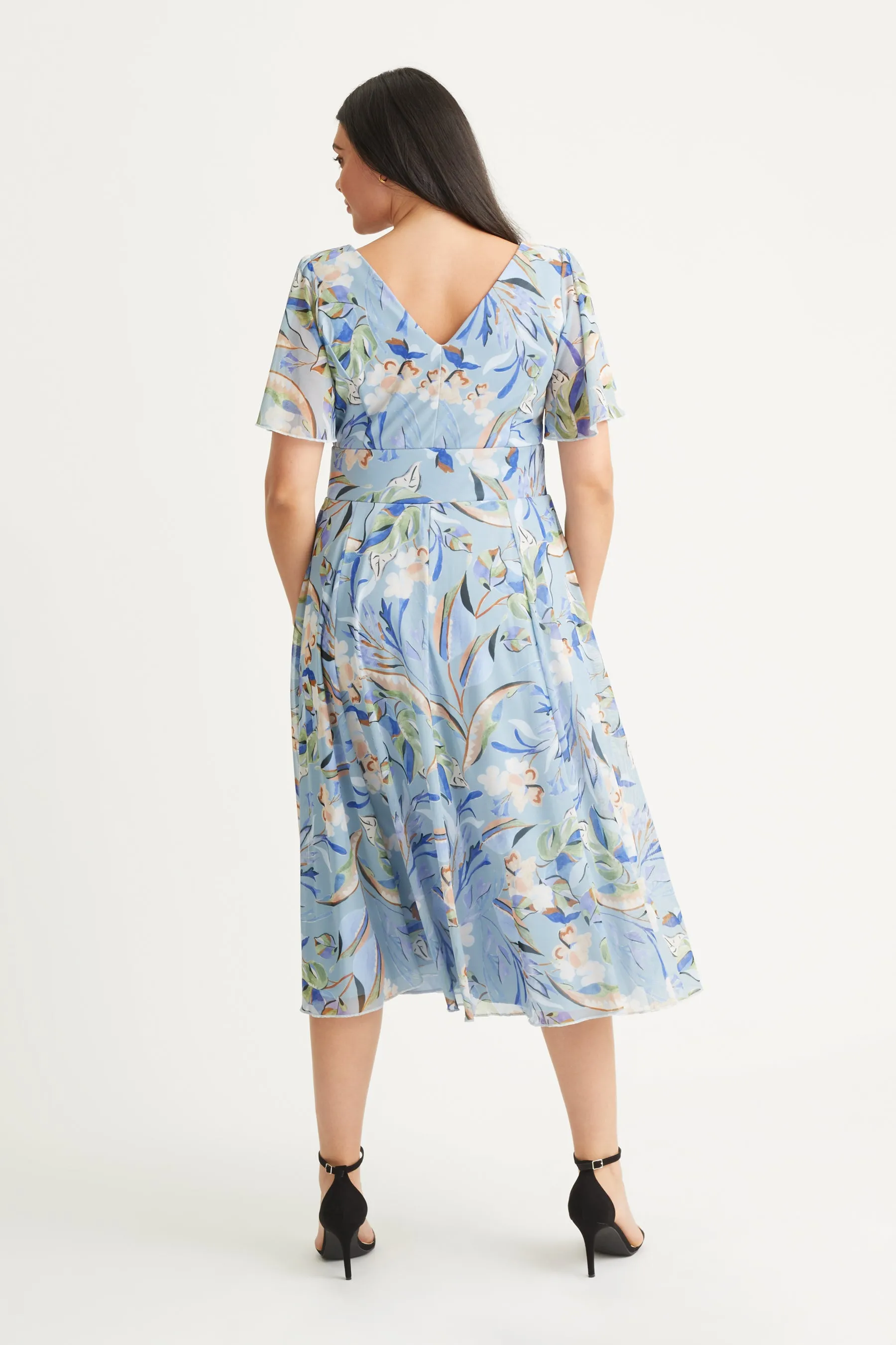 Victoria Smoke Blue Angel Sleeve Mesh Long Midi Dress