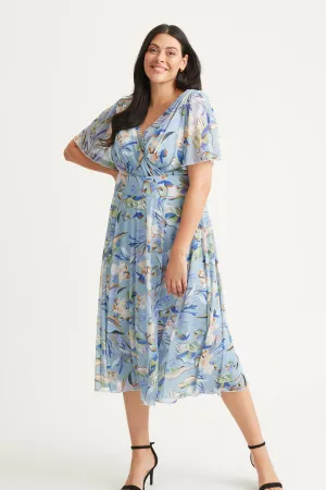 Victoria Smoke Blue Angel Sleeve Mesh Long Midi Dress