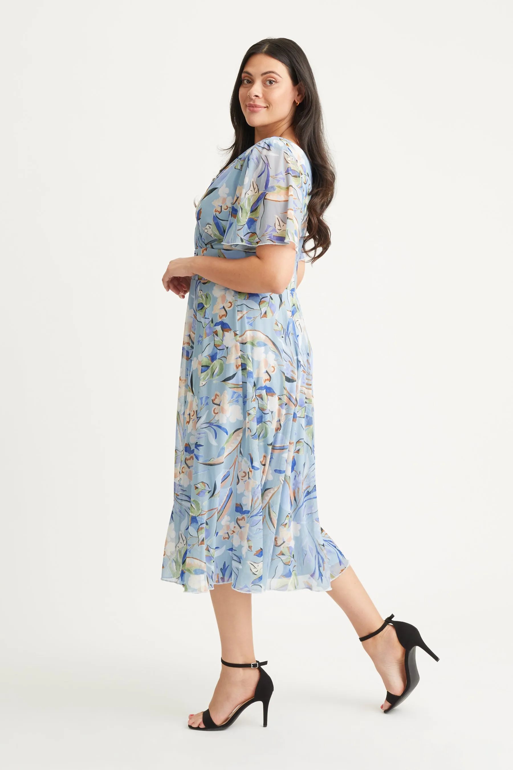 Victoria Smoke Blue Angel Sleeve Mesh Long Midi Dress