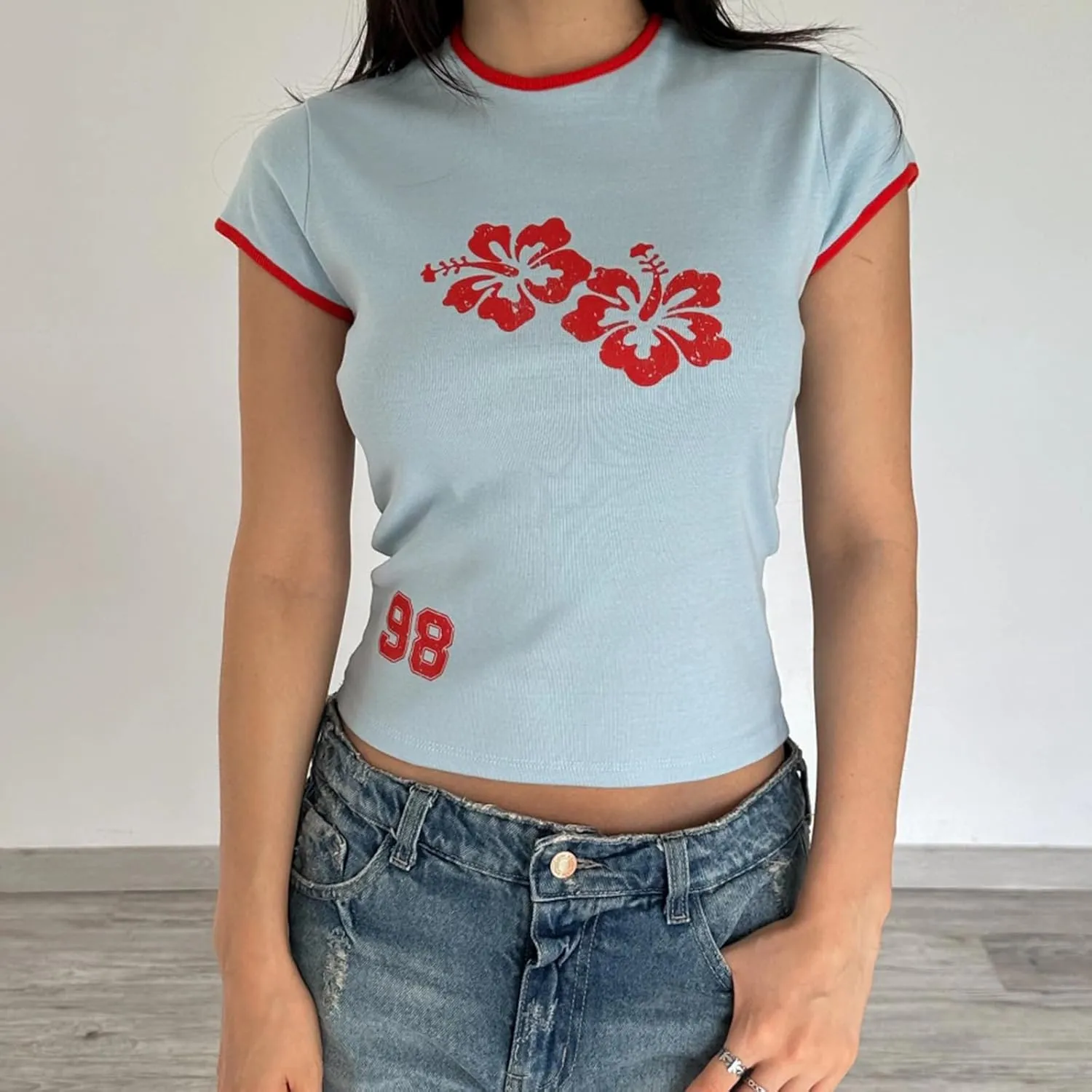 Y2k Graphic Print Baby Tees Women Short Sleeve Vintage Crop Tops Cute Teen Girls Slim Fit 90s Aesthetic T Shirts