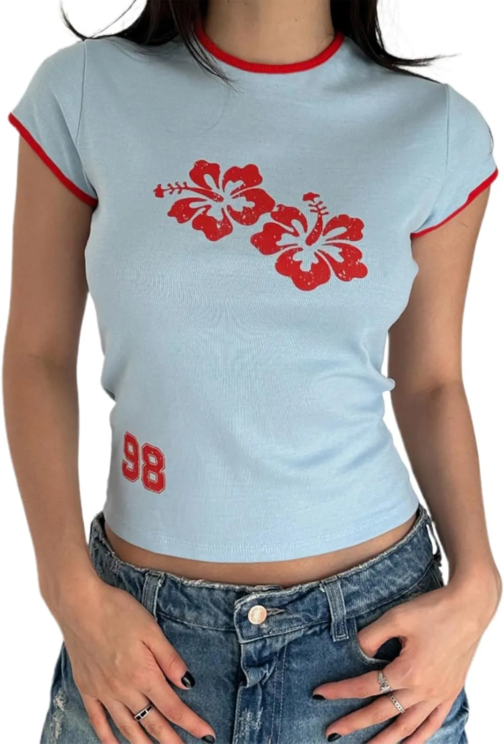 Y2k Graphic Print Baby Tees Women Short Sleeve Vintage Crop Tops Cute Teen Girls Slim Fit 90s Aesthetic T Shirts