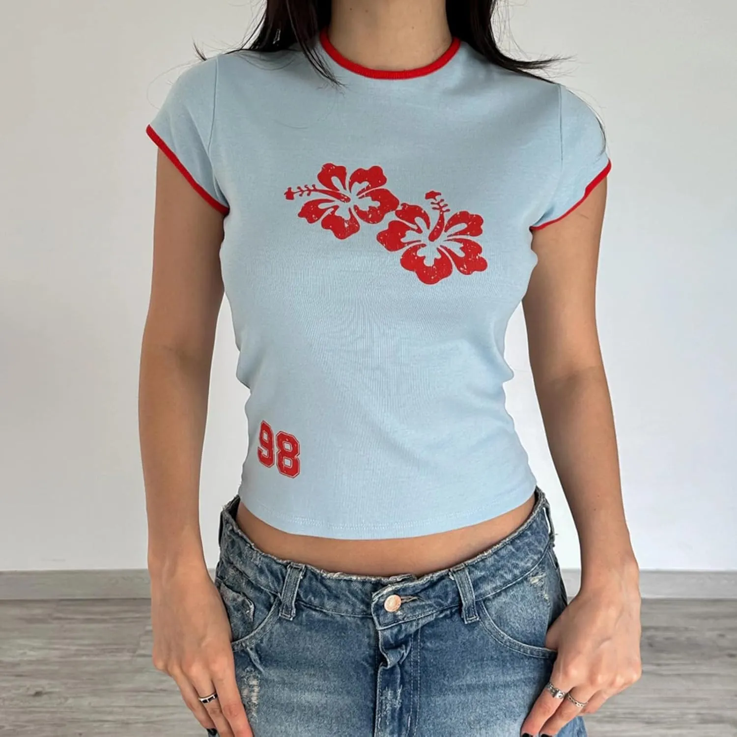 Y2k Graphic Print Baby Tees Women Short Sleeve Vintage Crop Tops Cute Teen Girls Slim Fit 90s Aesthetic T Shirts