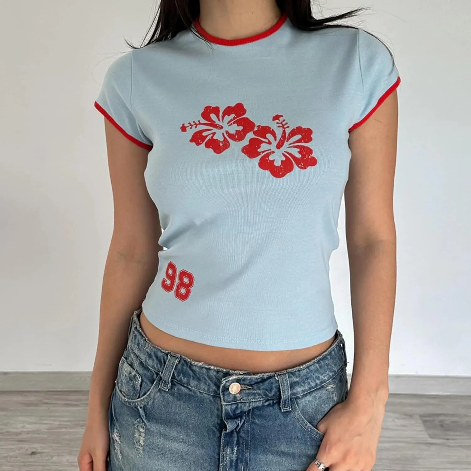 Y2k Graphic Print Baby Tees Women Short Sleeve Vintage Crop Tops Cute Teen Girls Slim Fit 90s Aesthetic T Shirts